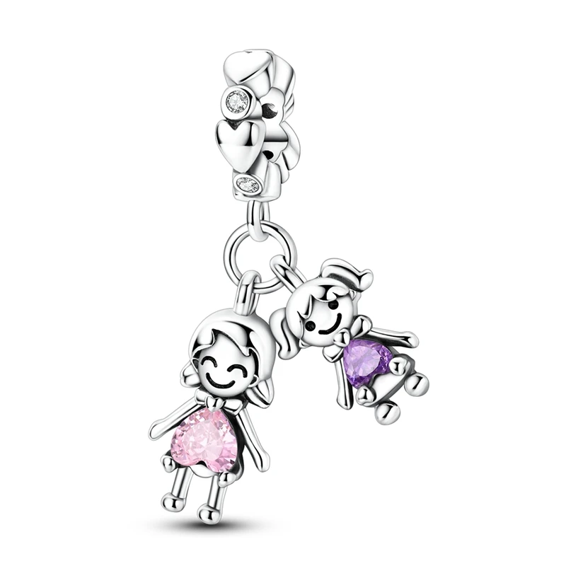 925 Sterling Silver Bright Hearted Charms Bead CZ Zircon Mother Daughter Dangle Fit Original Bracelet DIY Jewelry Gift