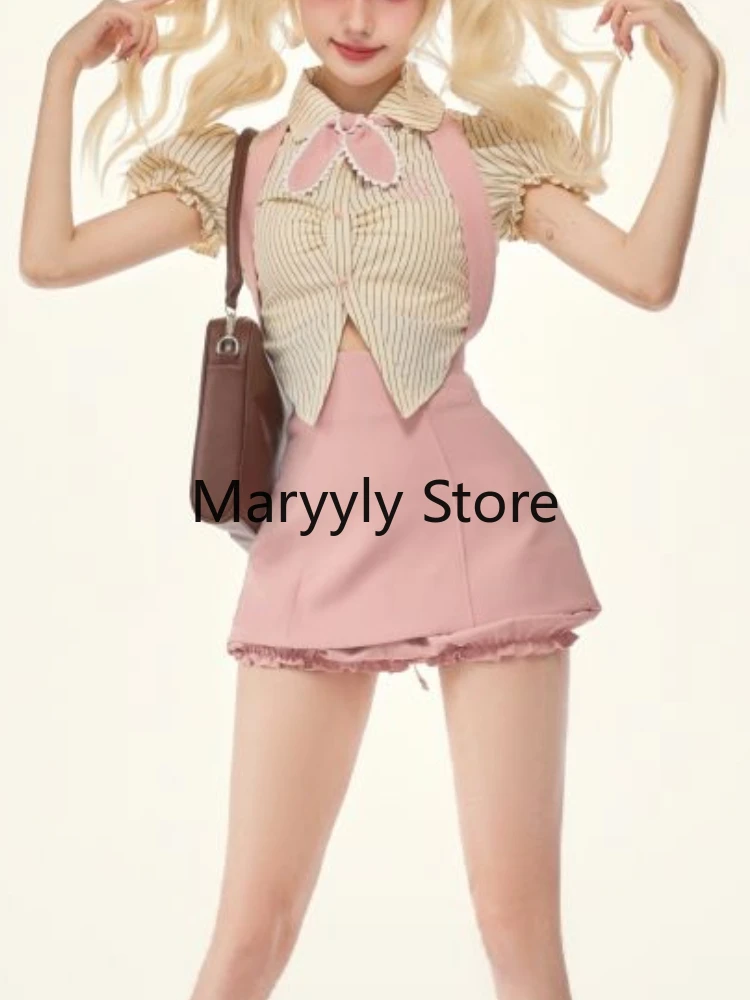 Sweet Kawaill Y2k 2 Piece Skirts Set Women 2023 Summer Fashion Bodycon Lolita Kawaii Suits Suits Chic Blouse + Pink Strap Skirts