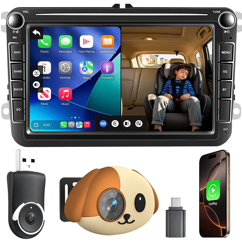 Cabin Care Wireless CarPlay Adapter with 1080PHD Baby Camera 150°Wide Angle View Night Vision Real-Time Backseat Monitor for Car