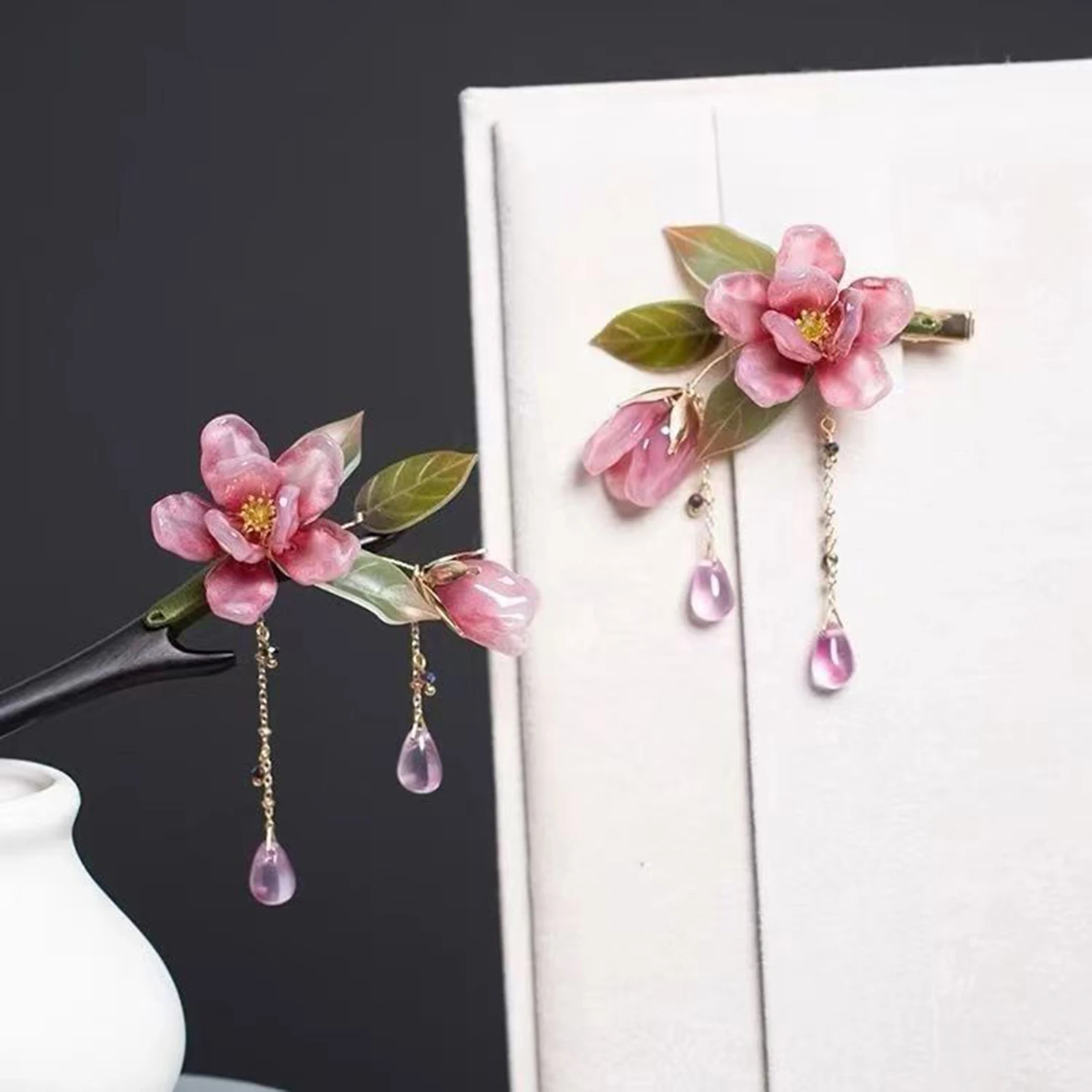 الرجعية زهرة خشبية الشعر عصا النمط الصيني العصي الشعر للكعك Hanfu دبوس الشعر Hanfu أغطية الرأس إكسسوارات الشعر لفتاة