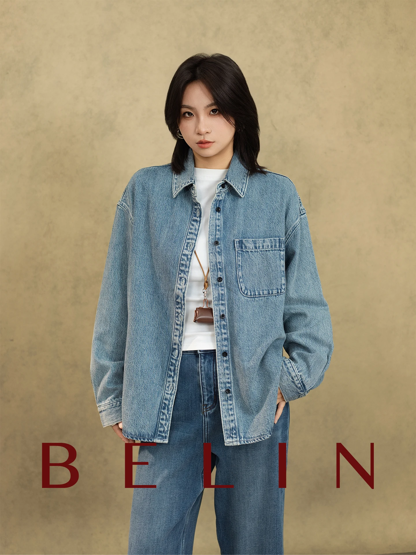 

Belin Retro Denim Hemp Women's Long Sve irt American Vintage Loose Fit Cotton Linen Blend Waed Sle