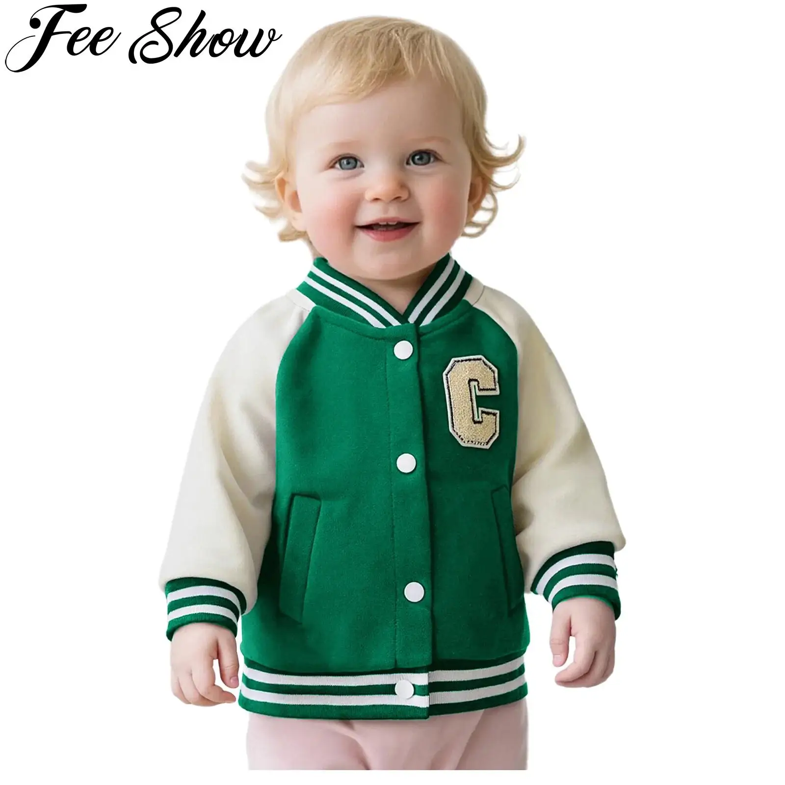 Toddler Boys Girls Baseball Jacket Long Sleeve Varsity Bomber Coat Outerwear with Pockets Children School Sports Casual Wear