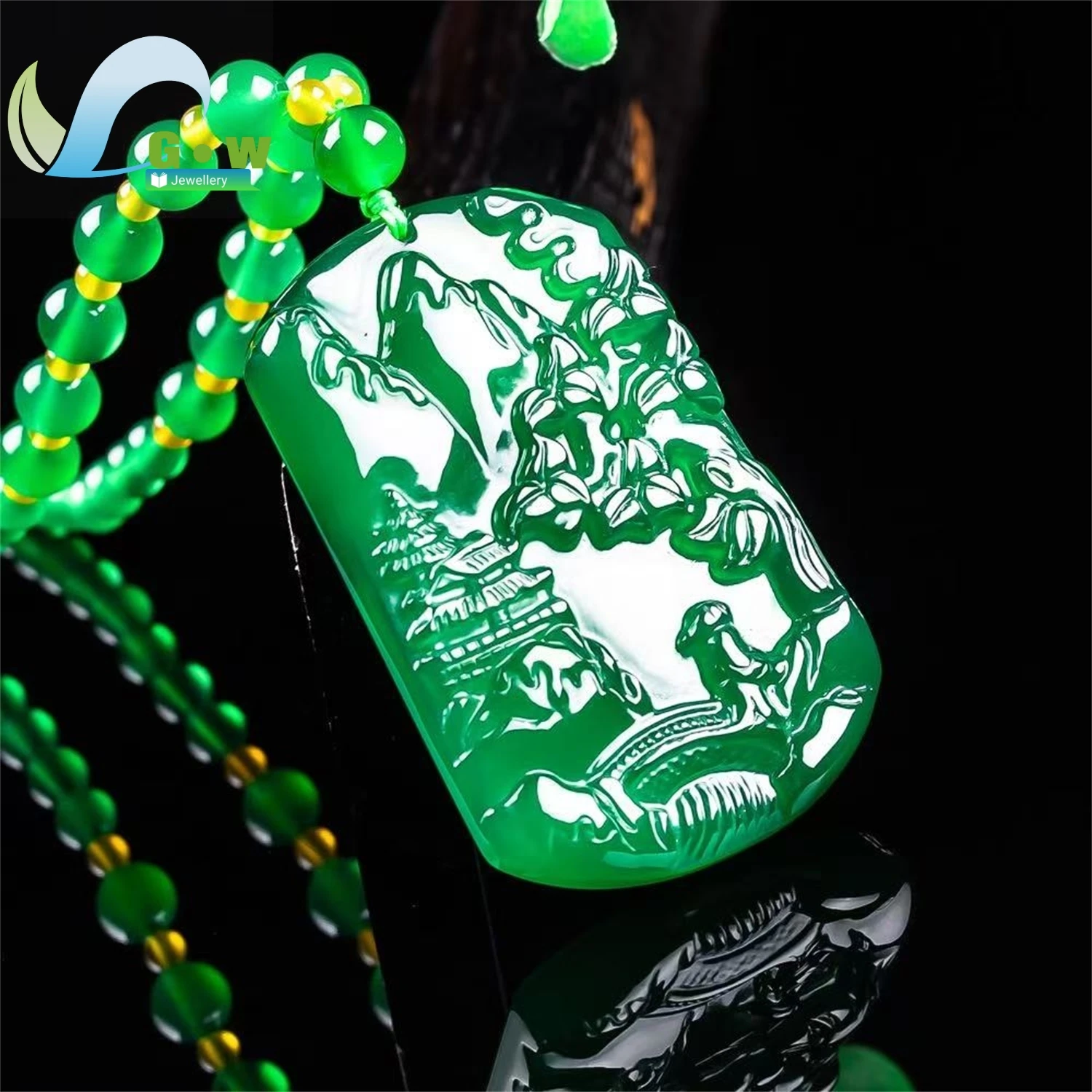 Natural Green Chalcedony Landscape Plaque Pendant Translucent Carved Scenery Jade Hanging Ornament Unisex Jewelry Gift