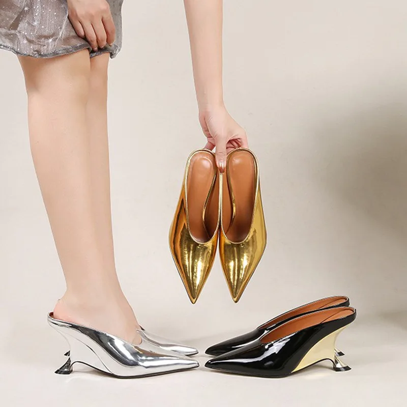 

Sexy Patent Leather Pointed Toe High Heels Open Back Wedge Shoes European Style Gold Large Size