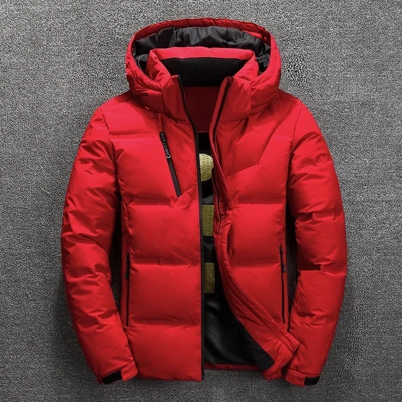 Mens Red Down Jacket 2025 New Winter Men's Coat Windproof Removable Cap Parka Solid Color Outdoor Casual Hooded Overcoat Clothes