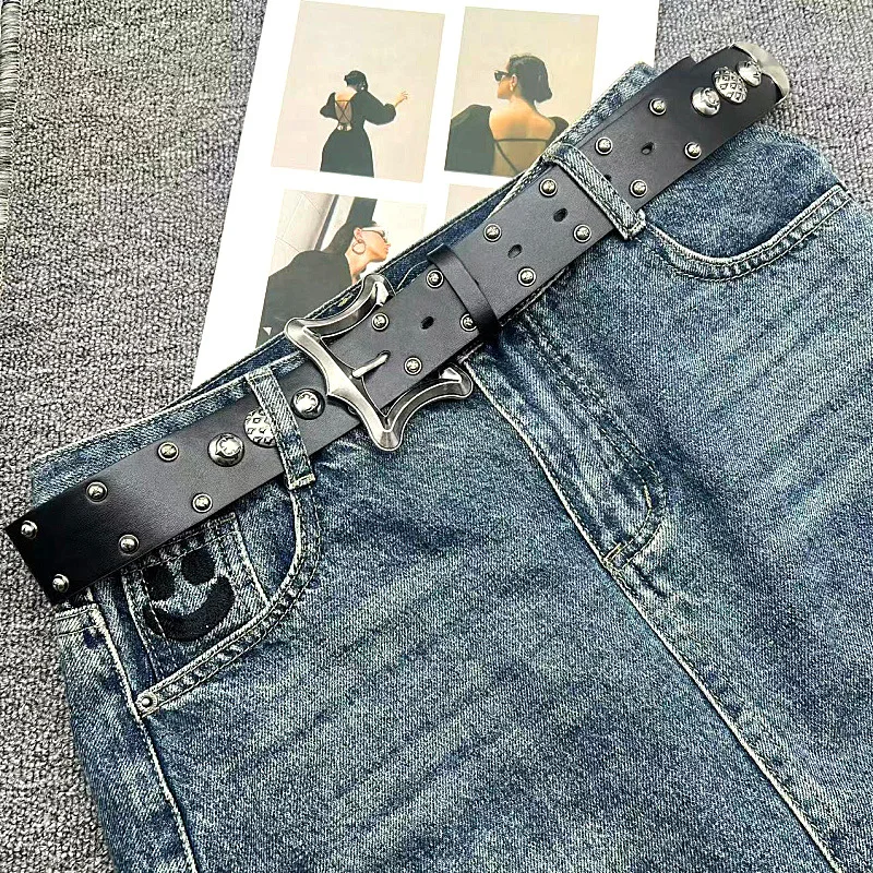 Retro Heavy Metal Rivets Men Women's Belt ERD Harley Locomotive Rock Punk Style Personality Belt Genuine Leather Jeans Belt