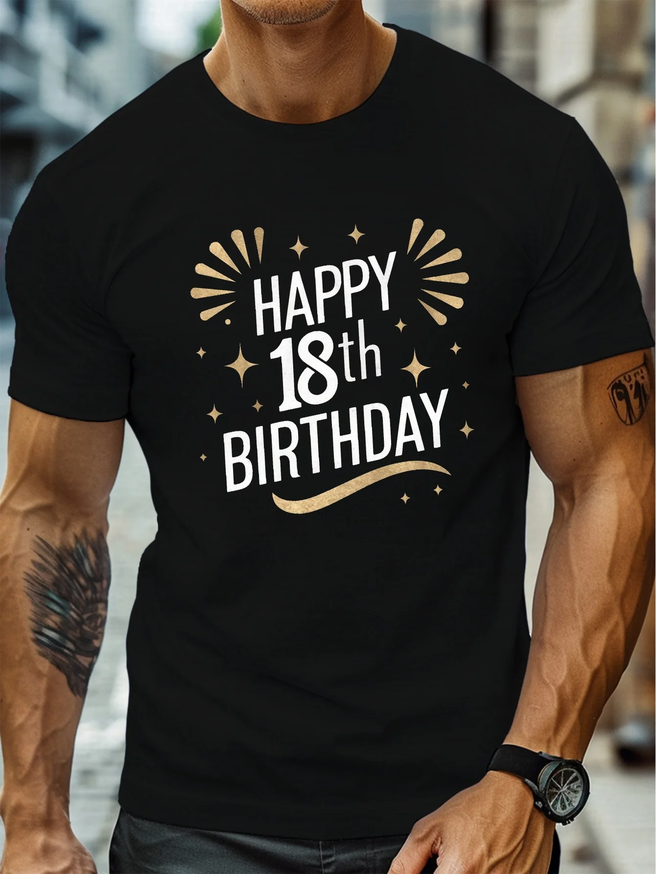 Illustration Celebrating 18Th Birthday Print, Men's Round Neck Short-Sleeved T-Shirt, Casual, Comfortable, Lightweight Summer Top