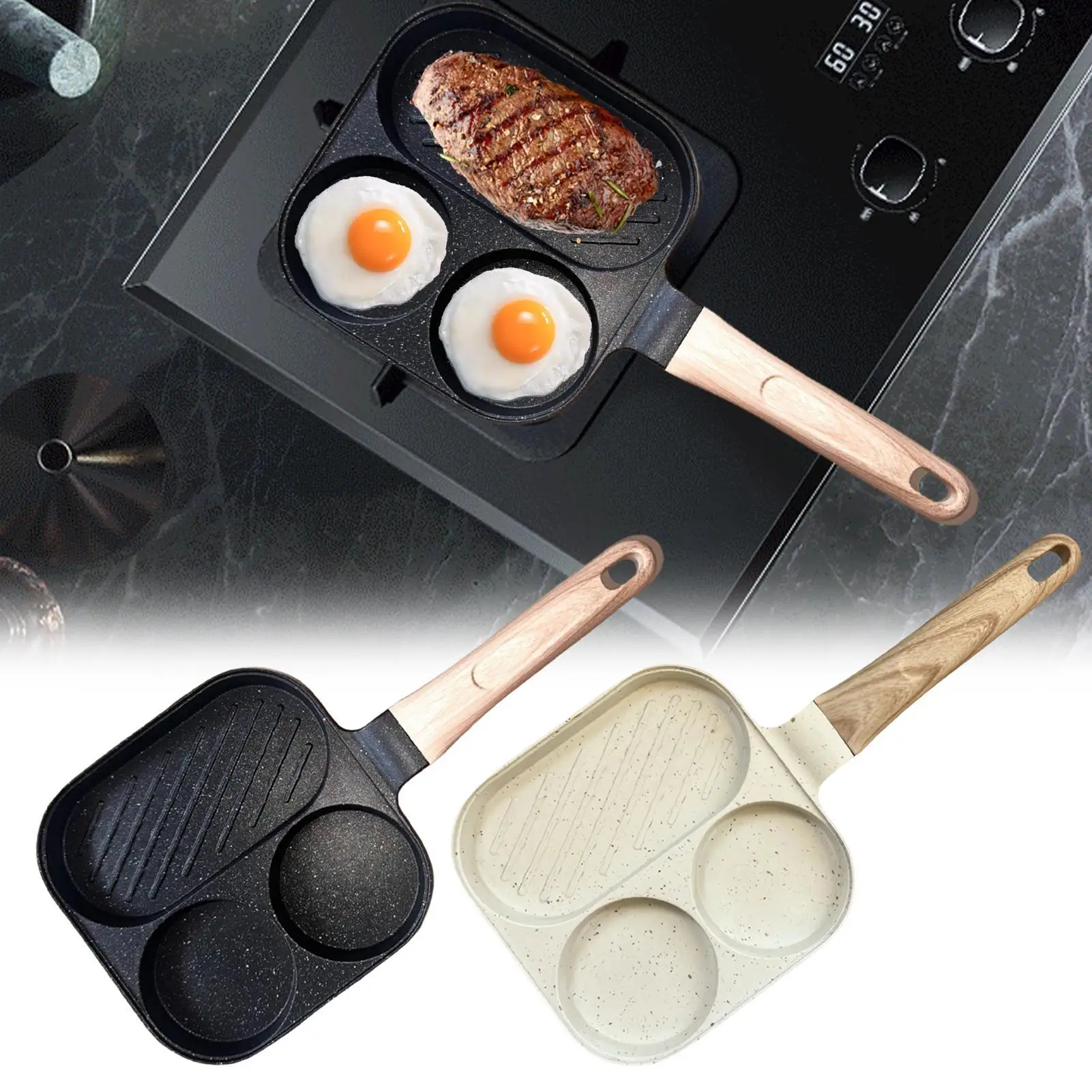 Breakfast Pan Fried Egg Pan Non Stick Skillet 3-Section Cooker For Induction Electric Stove Home Kitchen BBQ Grill Restaurant