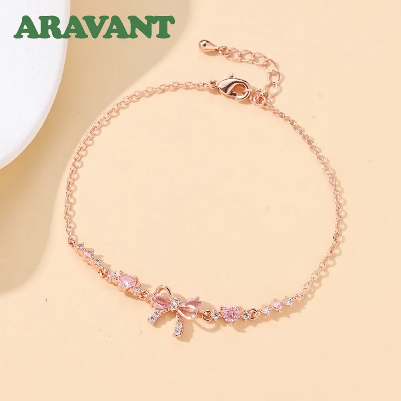 ARAVANT 925 Silver 18K Gold Bow Pink Zircon Bracelet Chains For Women Charm Jewelry