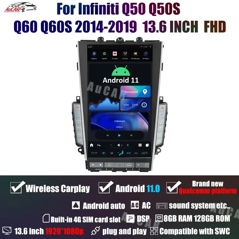 AuCar Mark6 T-Style Android Head Unit Radio For Infiniti Q50 Q50S Q60 Q60S 2014-2019 GPS Navi 1920*1080 13.6 Inch