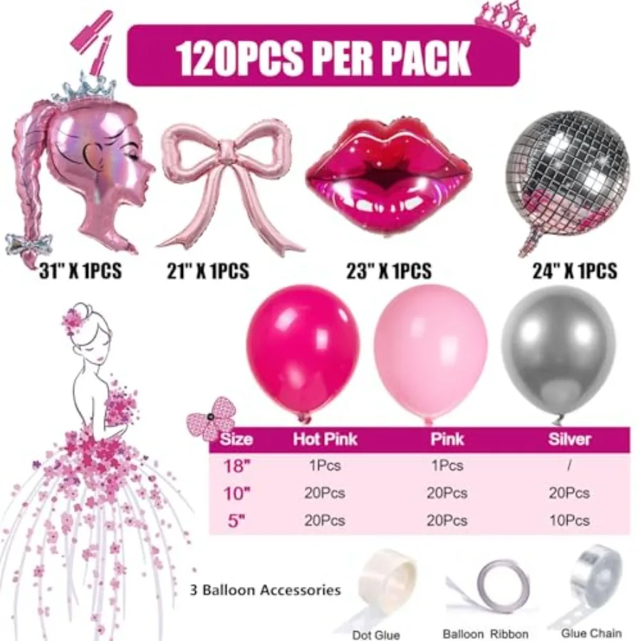 핫핑크와 실버 풍선 가랜드 키트 120개 핑크 크라운 인형 풍선 세트 공주 카우걸 디스코 테마 소녀 여성용