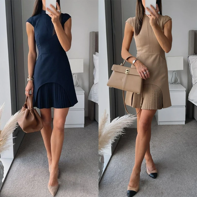 

Round Neck Dresses Women Sleeveless Elegant Irregular Mini Dress Solid Pleated Office Lady Vestidos A Line Work High Waist 2025