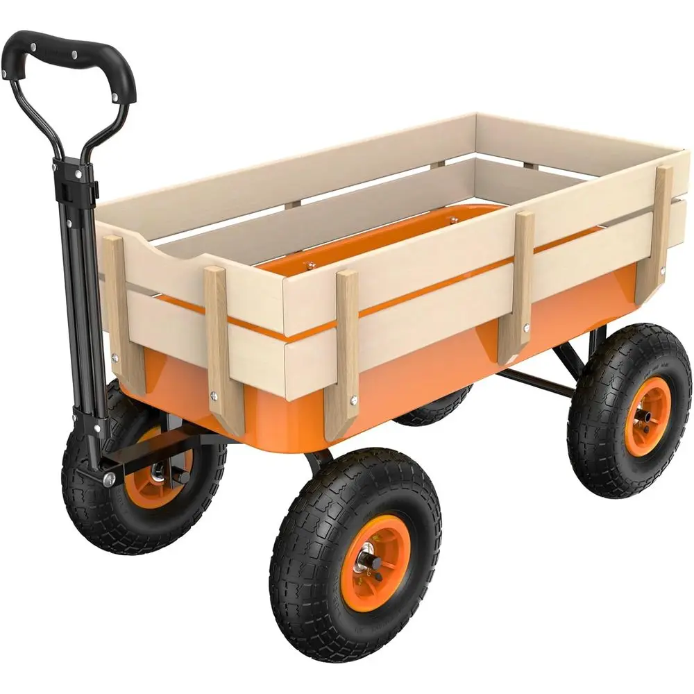 

Wagon Cart, Steel e and Wood Coated Railing, 330lbs All Terrain Wagon 9.2in Tires or Garden and Outdoor (Orange)