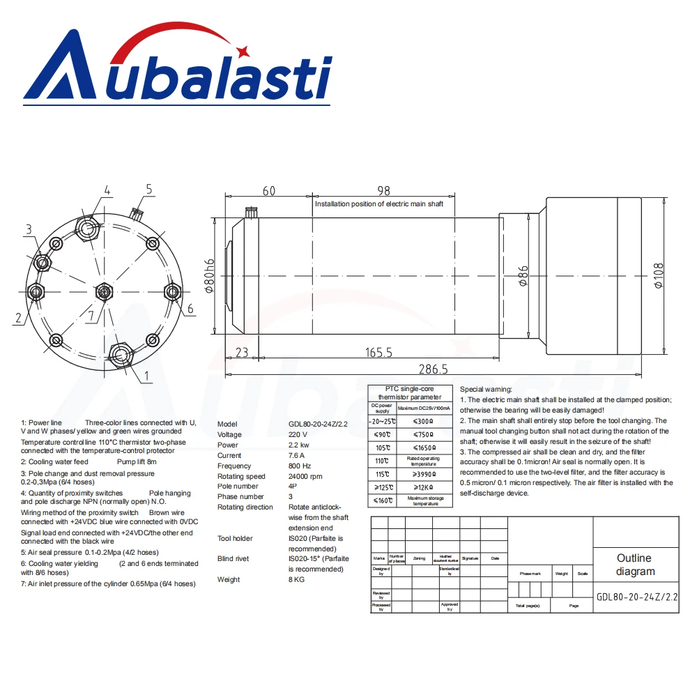 2.2KW ATC Spindle 3HP ISO20 24000RPM 220V 7.6A 800Hz 80mm ATC Spindle Motor GDL80-20-24Z NPN PNP for CNC Router Engraving
