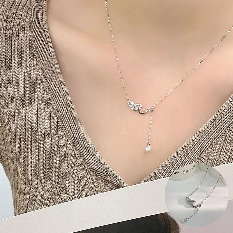 

100% 925 Sterling Silver Pearl Love Heart Necklace for Women Girl Fashion Cute Tassel Design Jewelry Party Gift Dropshipping