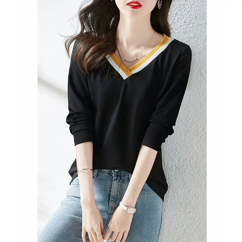 V-Neck Spliced Contrast Color Long Sleeve Casual Spring Autumn New Top Korean Classic Women\'s Clothing Wear Outside Tee Shirt