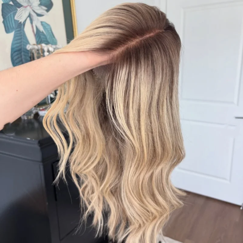 

Ashy Brown Wavy Highlight Synthetic Lace Front Short Bob Wigs 13x4 Colored Wavy Wig Dark Roots Blonde Wig For Women Daily Use