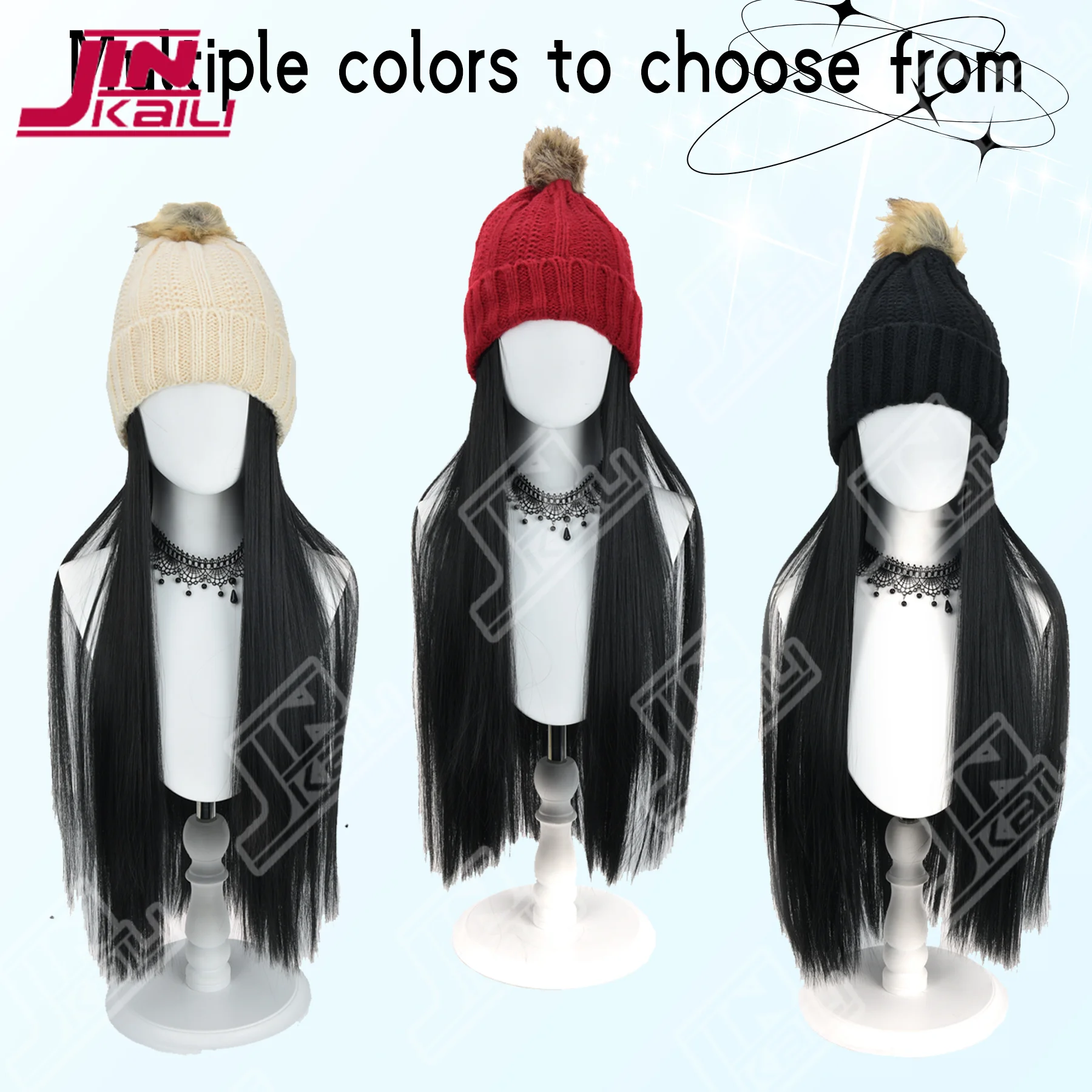 قبعة محبوكة صناعية من JKL مع شعر مستعار طويل مجعد، شعر مستعار مموج، شعر مستعار شتوي، قبعة محبوكة باللون البيج/الأحمر/البني الأسود لزي عيد الميلاد #5