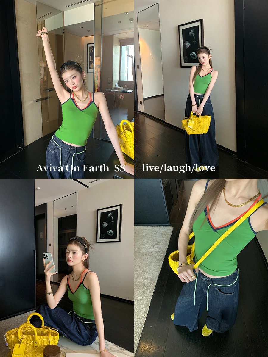 

Dopne Sweet Spicy Girl Slim Fit V-Ne Strap Vest Women Summer Outerwear Small Top Aviva on Earth Commute Sle High Elast...