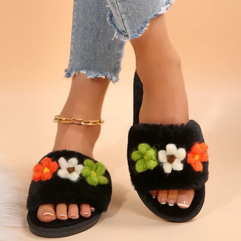 Hot Sale Women Fluffy Plush Home Slippers Hand‑Crochet Colorful Flower Decor Open Toe Slip‑on Warm Indoor Bedroom Slides