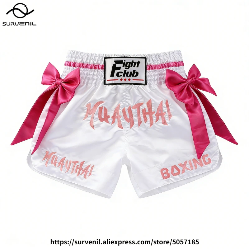 Muay Thai Shorts Bow Ribbon Men Women Kids Premium Kickboxing Fight Shorts Elastic Waist Performance Boxing Training Pants White