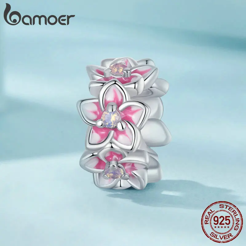BAMOER 925 Sterling Silver Cherry Flower Charm Stopper Beads fit for European Bracelets Women Jewelry DIY Charms SCC2818 image 2