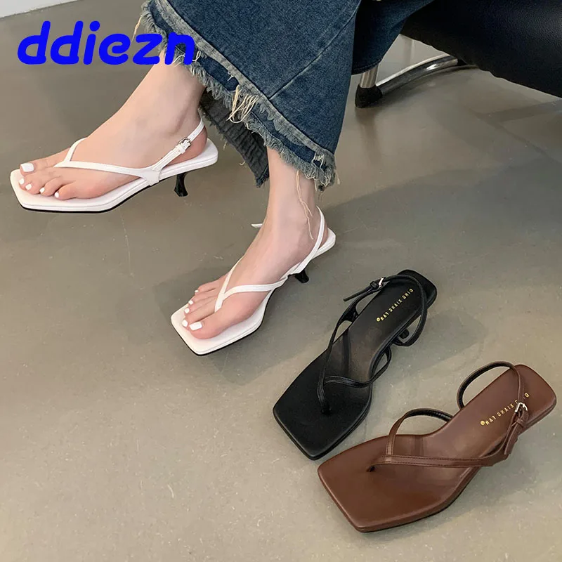 Female Narrow Band Footwear Heels Pumps Slides Shoes For Women Flip flops Fashion Shallow Ladies Medium Heels Sandals Slippers