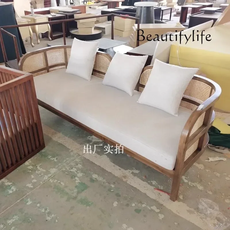 New Chinese solid wood rattan sofa combination Nordic retro double leisure sofa comfortable and easy to clean