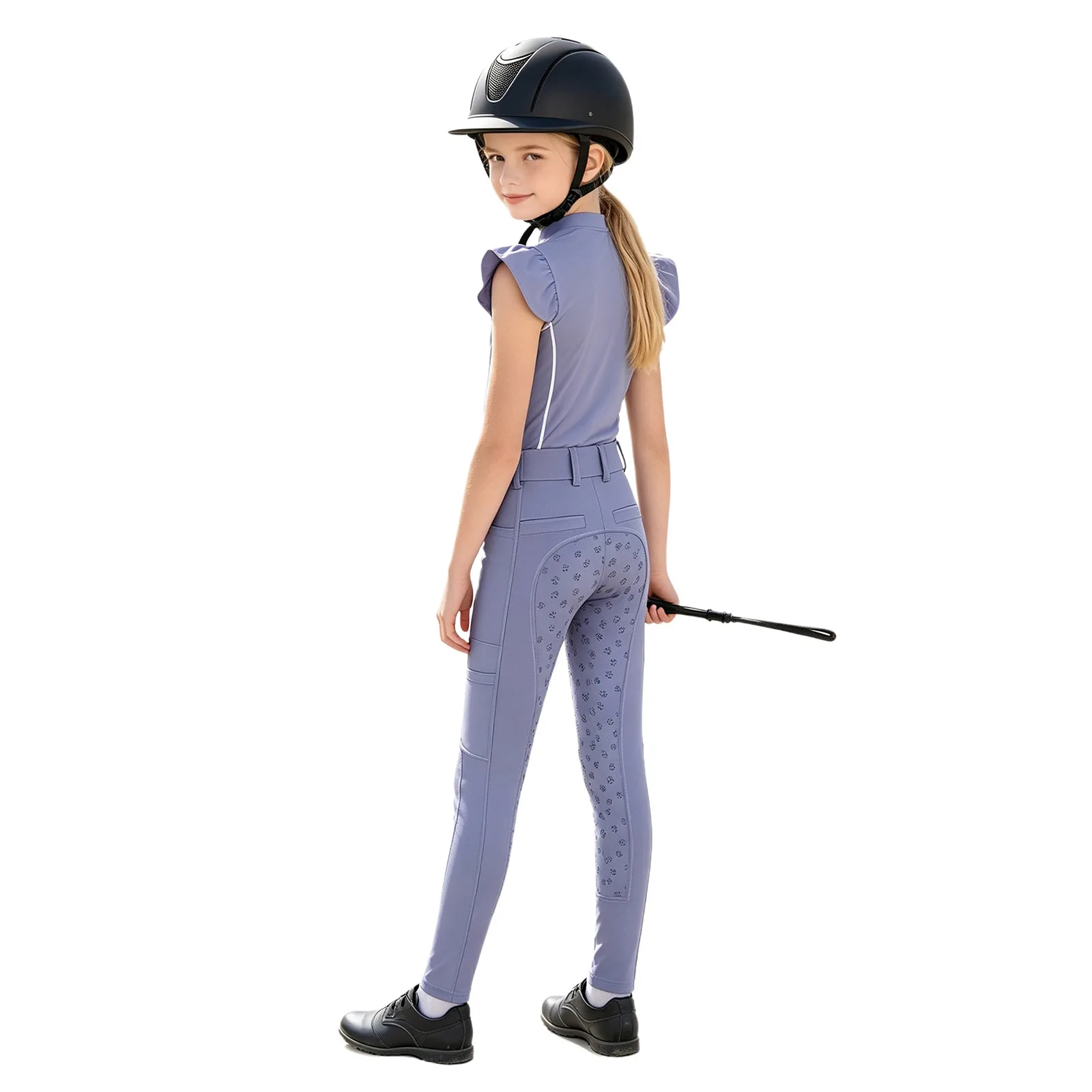Kid Girls Horse Riding Golf Sports Outfit Ruffled Sleeves Shirt Top with Anti-slip Full Seat Equestrian Breeches Pants Tights