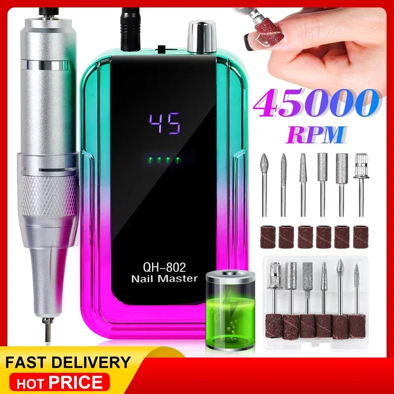 

45000 об/мин перезаряжаемая дрель для ногтей, лазерная градиентная цветная электрическая дрель для снятия лака, шлифовальная машина, низкий уровень шума для маникюра