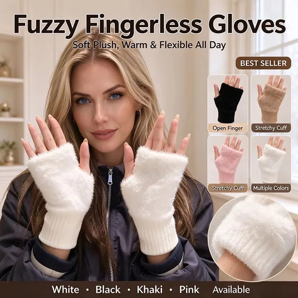 Warm and Cold-proof Half-finger Gloves for Women In Autumn and Winter Versatile and Plush Cute Office Half-finger Gloves