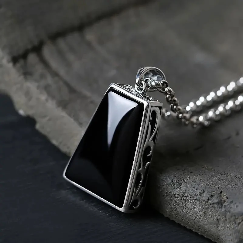 Original design geometric black agate pendant necklace retro domineering creative male and female charm brand silver jewelry