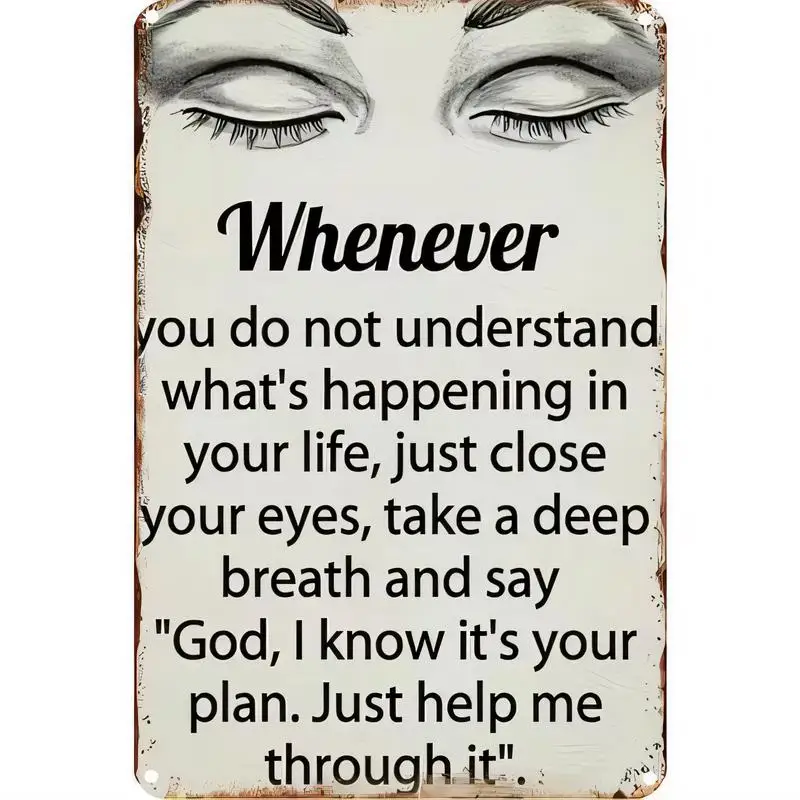 Vintage Distressed Metal Tin Sign with Inspirational Prayer Quote & Closed Eyes, Iron Wall Art for Home Bedroom Decor, Faith - T