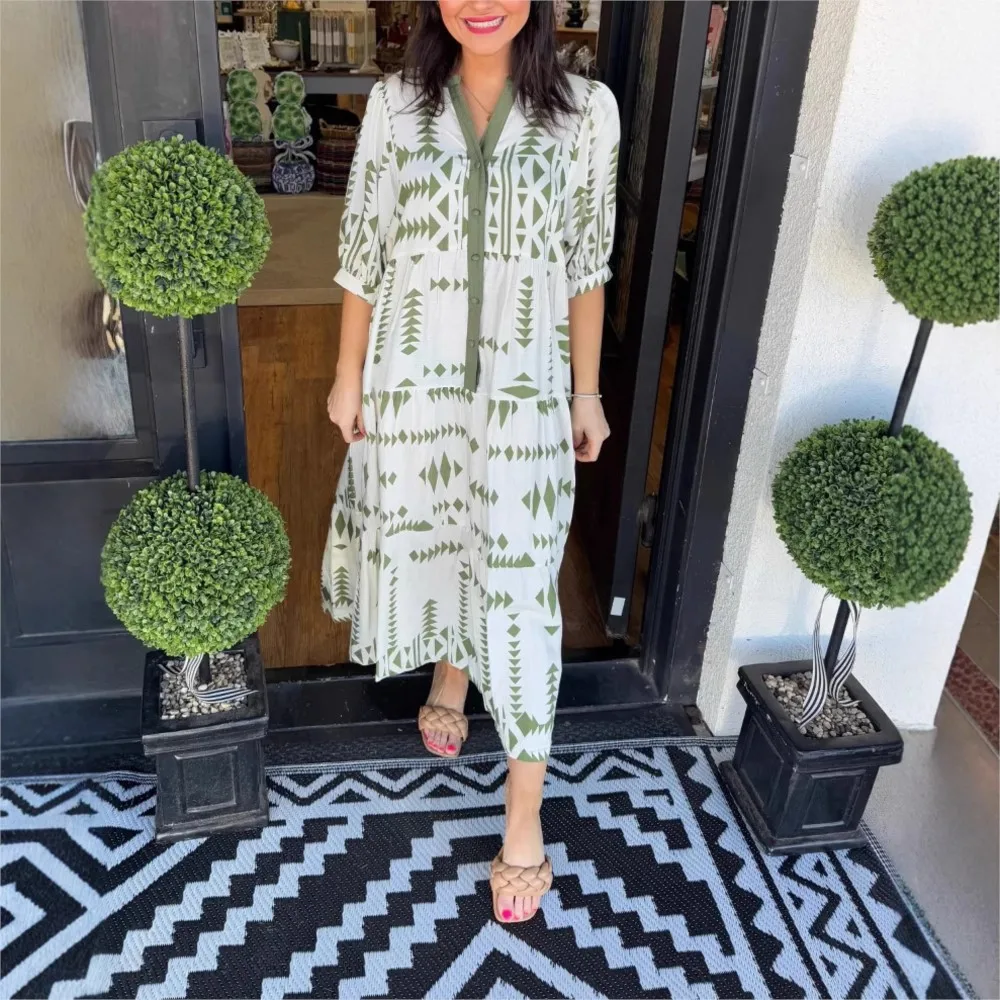 Vestidos holgados con estampado de verano para mujer, camisa con cuello en V y botones, vestido informal de playa elegante de manga corta para mujer 2025