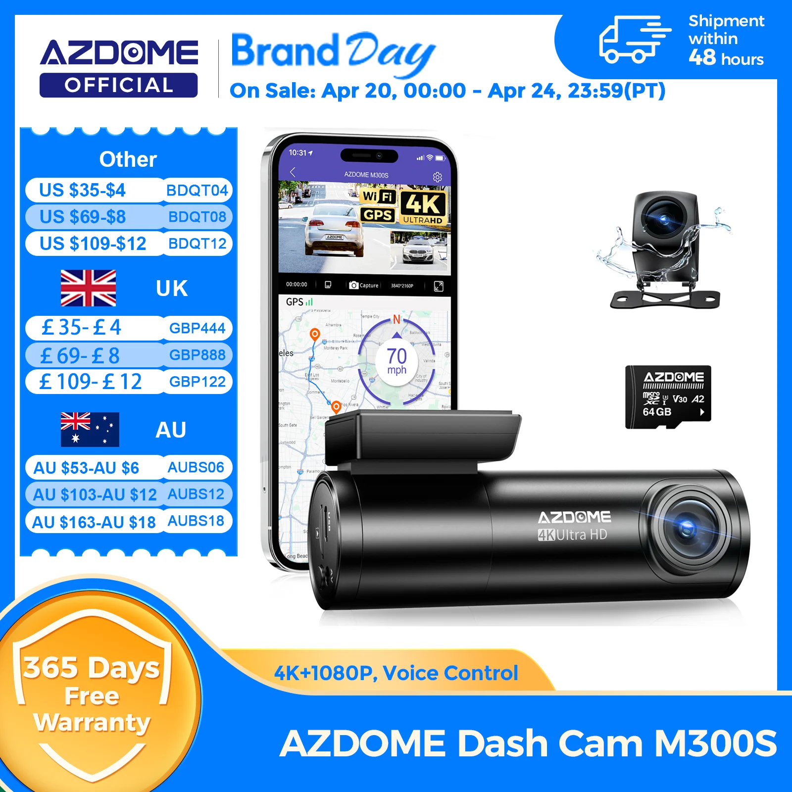 מצלמת רכב AZDOME M300S 4K Dash Cam קדמית ואחורית, עם ADAS מובנה WiFi GPS Dash Camera לרכבים, כרטיס 64GB חינם, בקרת קול, ראיית לילה