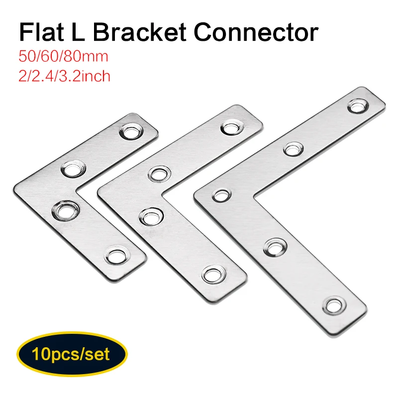 10 Pcs Flat Corner Brace, L Type Shelf Bracket 50/60/80mm(1.97/2.36/3.15inch), Heavy Duty Stainless Steel Shelf Supports