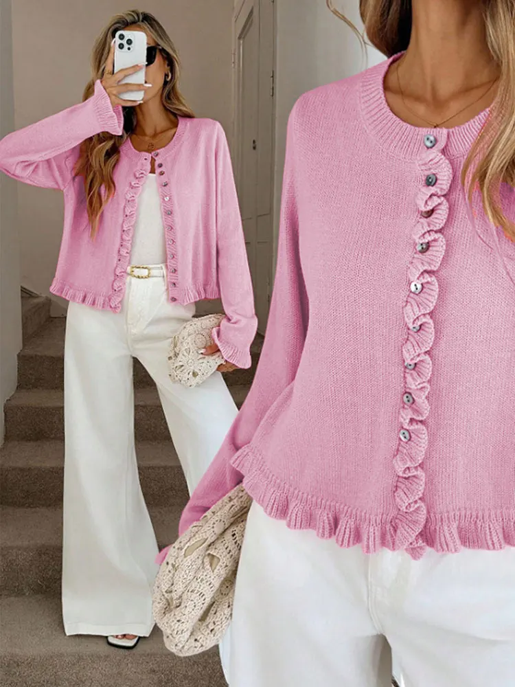 

Pop New Wrinkles Border Round Neck Sweater Cardigan Ruffled Long Sleeve Tops Autumn Women's Clothing Blouse Fashion Items Top Ja