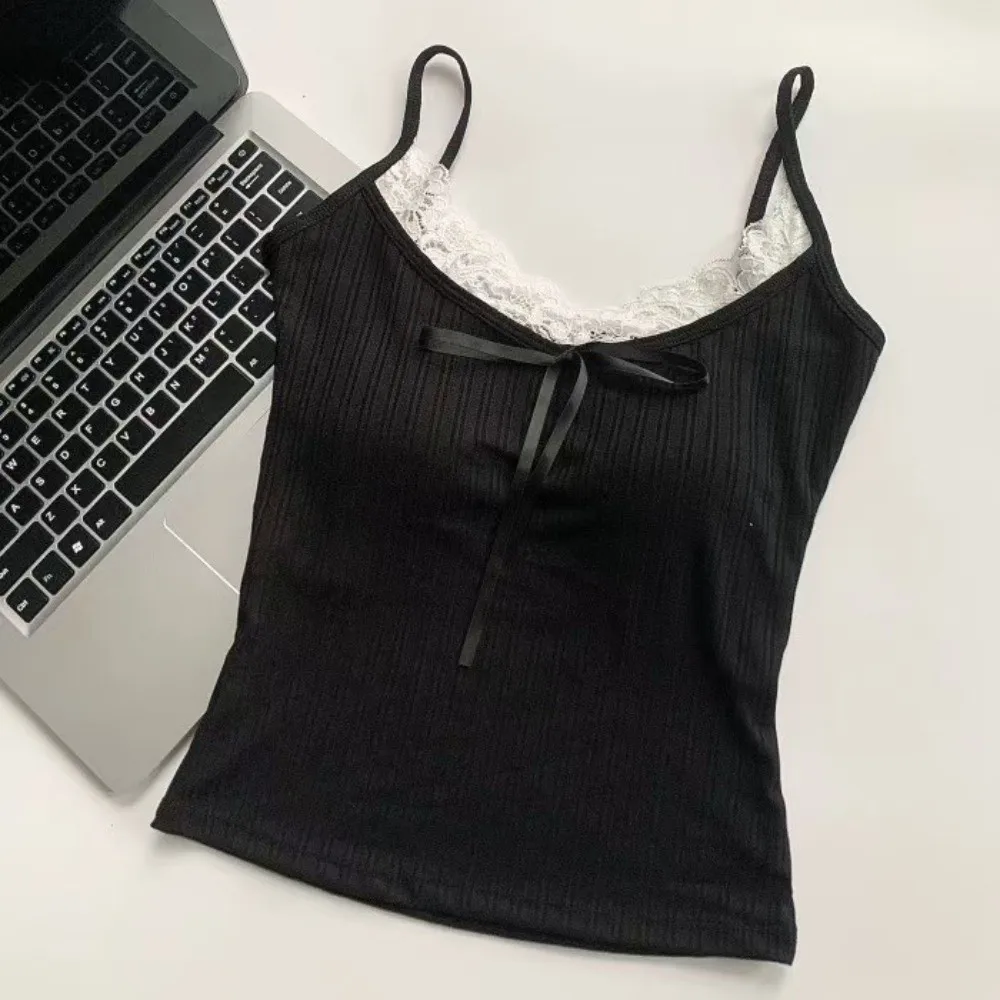 Waist-cinching Sleeveless Slim Lace Crop Top Y2k Solid Color Camisole with Pads Bottoming Shirt Sweet Lace Patchwork Vest Lady
