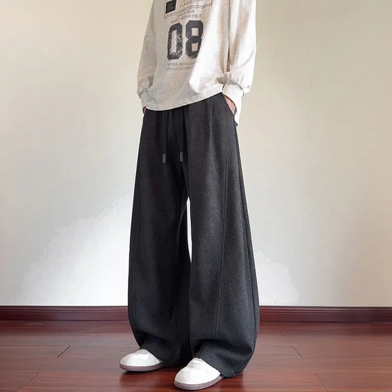 Retro American Style Men's Wide Leg Pants Texture Dragon Scales Pattern Autumn Fashion Straight Tube Long Trousers