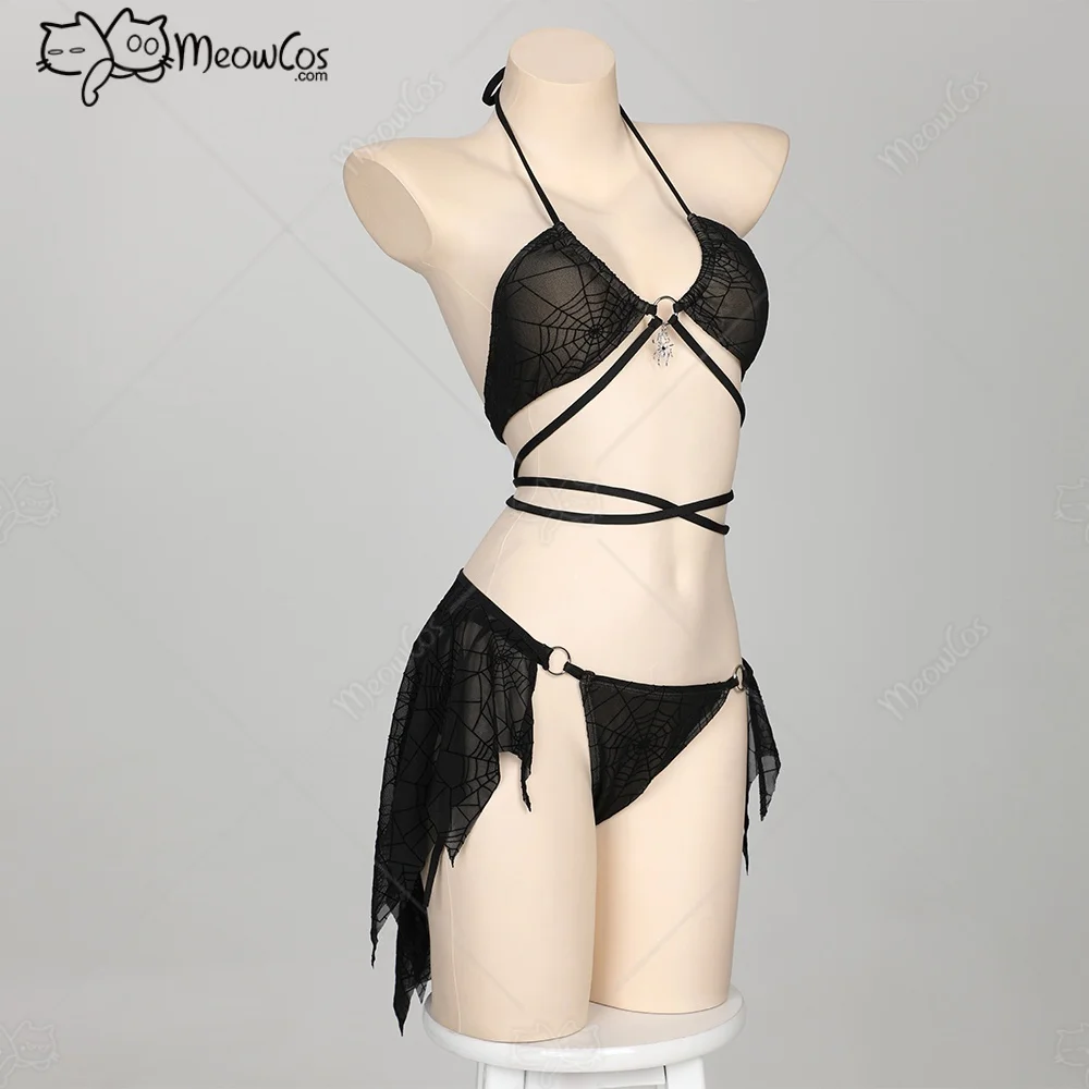 Meowcos Damen Gothic Badeanzug Spider Web Design Dark Style Bademode Set