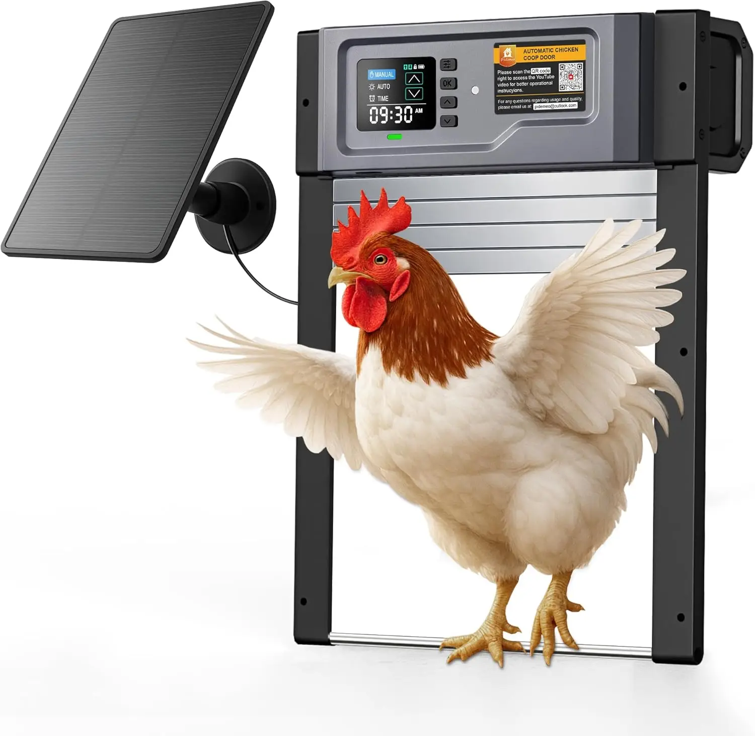 

Solar Powered Automatic Chicken Coop Door with Light Sensor, Timer, Manual Mode & USB-C Backup for 13.2''x8.9'' Coops