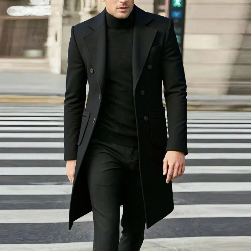 KIDWHXR Herren-Mantel, Herbst-Winter, doppelreihige Jacke aus Wollmischgewebe, Herren, lange Ärmel, mit Taschen, mittellange Länge, lässige Herren-Oberbekleidung. – Detail 2