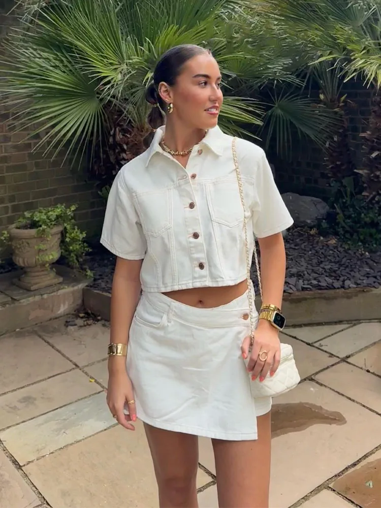 

HH женские новые модные костюмы белые однобортные джинсовые топы с отложным воротником и короткими рукавами + тонкие шорты на молнии с высокой талией