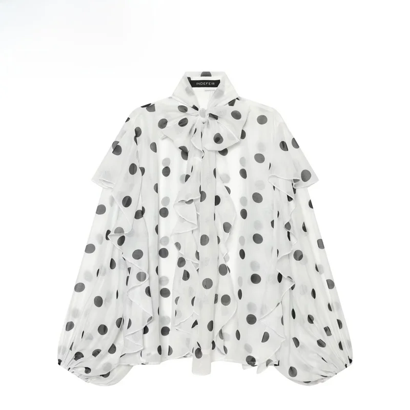 Fashionable Polka Dot Long Sleeve Shirt Women's Loose Fit Breathable Polyester Floral  Detail Elegant Versatile Top