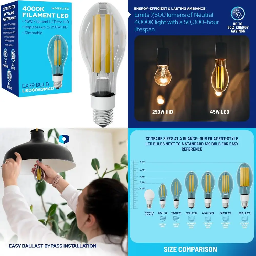 

Диммируемая светодиодная лампа Эдисона, 45 Вт, 7500 люмен, холодный белый свет, эквивалент 250 Вт HID, прозрачное стекло, цоколь Mogul, замена ламп накаливания