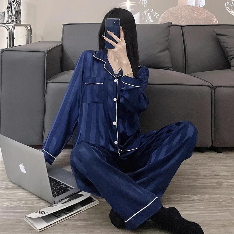 Couple Pajamas Sets Striped Print Pijama Faux Silk Satin Lapel Pyjama Female Sleepwear Long Sleeve Shirt Pants Suits Homewear