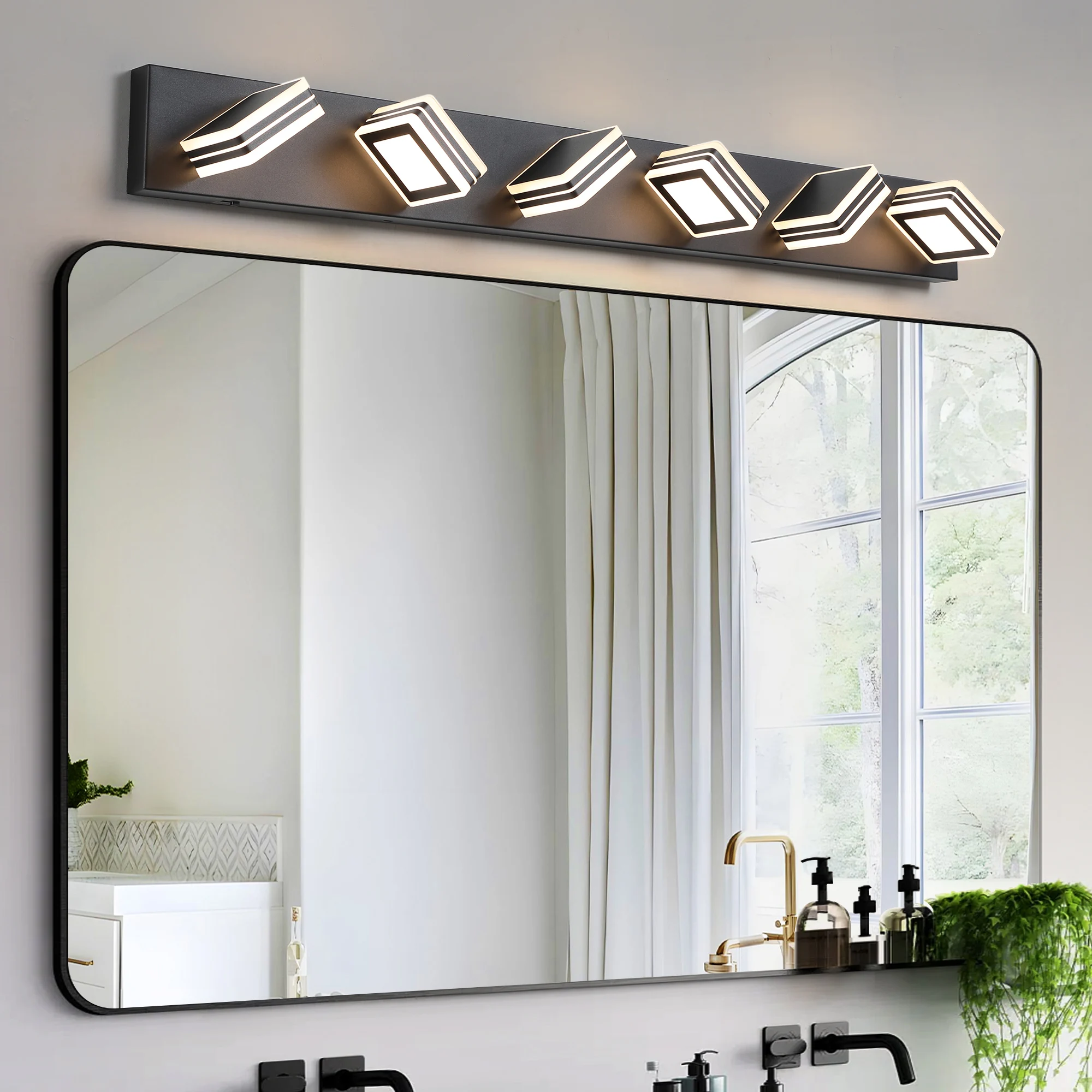 6-Lights Modern LED Bathroom Vanity Lights Over Long Mirror Acrylic up and Down Matte Adjustable Color Temperature 3000K-6000K