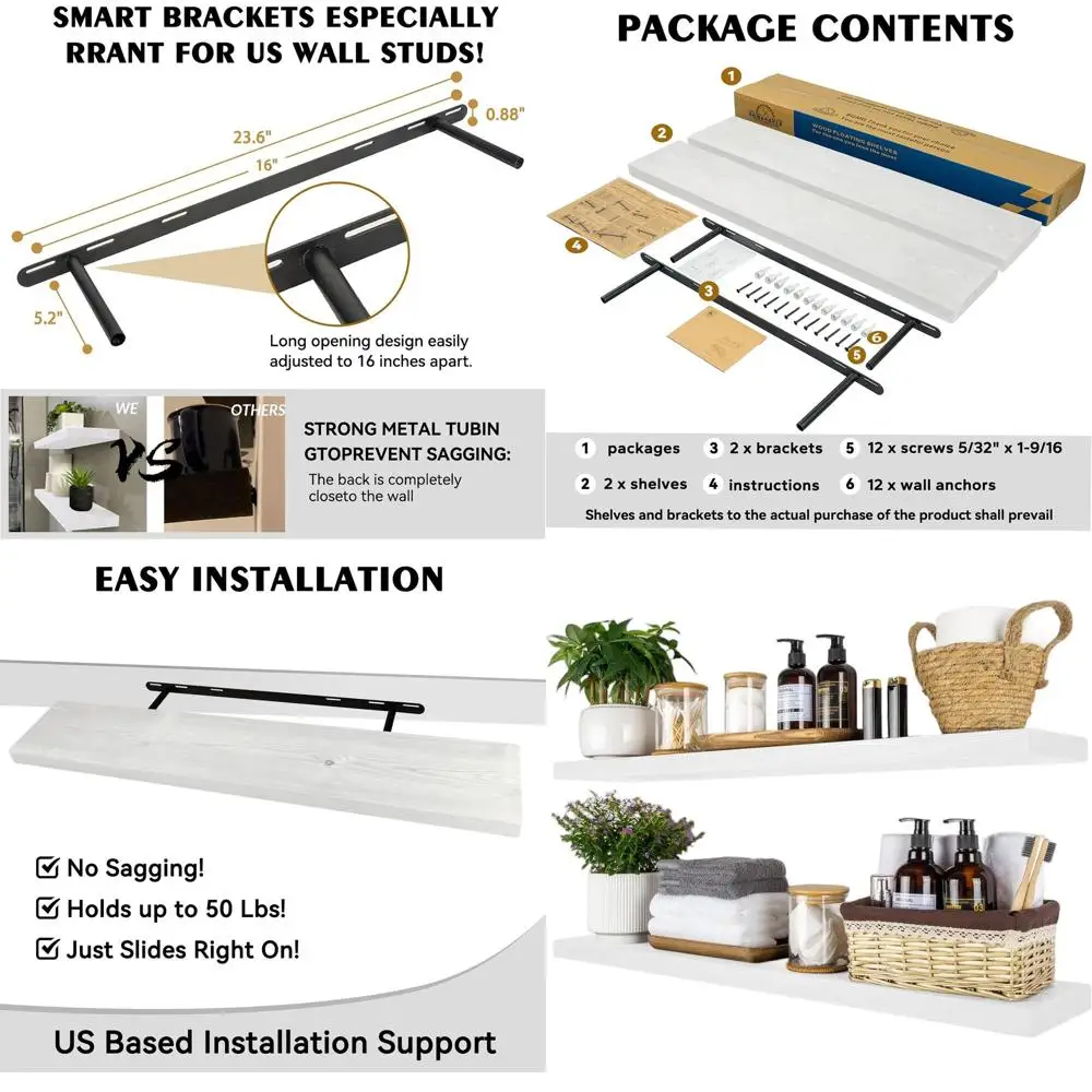 

36 Rustic White Wooden Floating Shelves, Set of 2 for Home Décor - 6.7 Deep