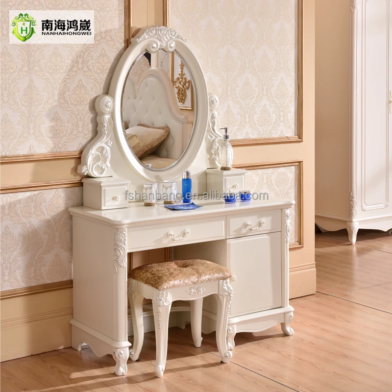 Modern European Pastoral Style White Finish Wooden MDF Bedroom Vanity Table Desk Cabinet Dresser with Makeup Mirror and Stool