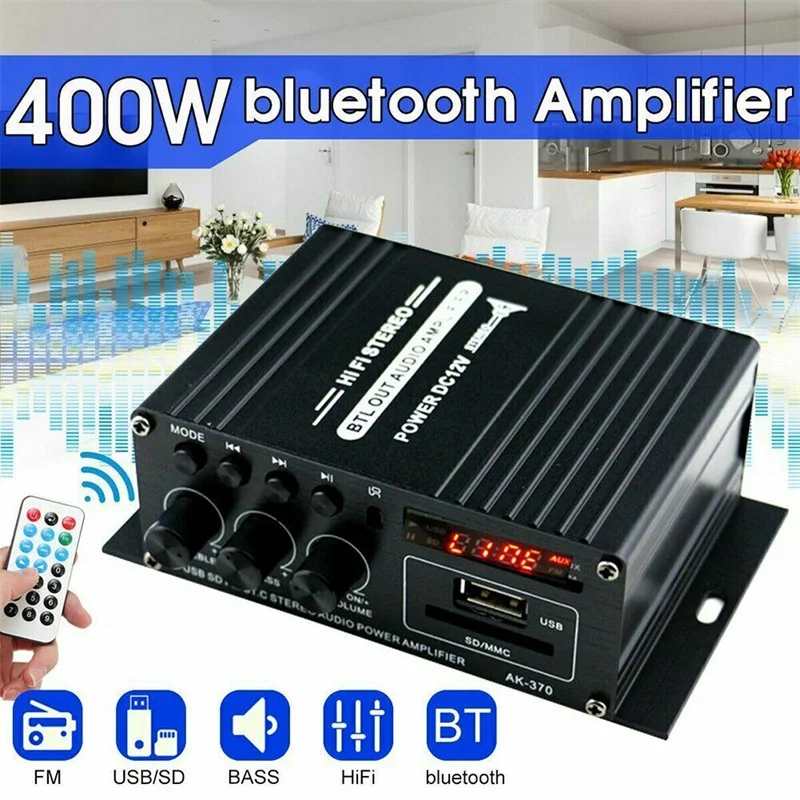 

AK 370 HIFI Digital Stereo Audio Power Amplifier 2 Channel 400W 12V FM Radio Mic Car Mini Sound Amplificador Board Home Theater